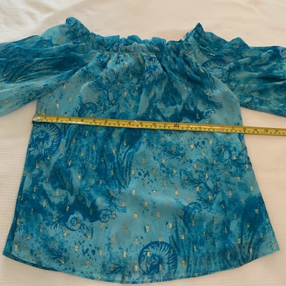 White House Black Market teal on/off the shoulder clip dot lined blouse size XS - Picture 8 of 9